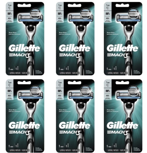 Gillette Mach3 Razor Handle + 1 Refill Cartridge, 6 Pack
